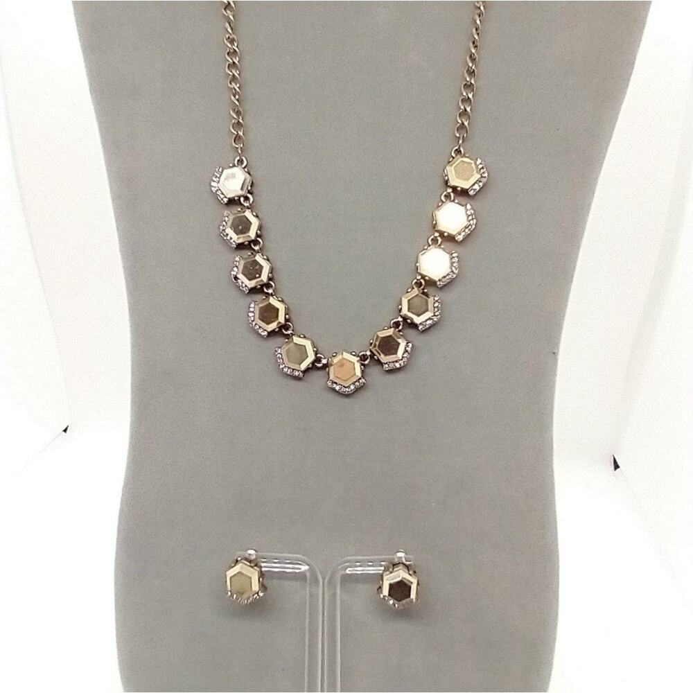 Necklace earring set gold and clear stones on gold tone settings